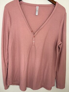 Athleta Waffle Knit Henley Top Pink Long Sleeve XL Cozy Soft